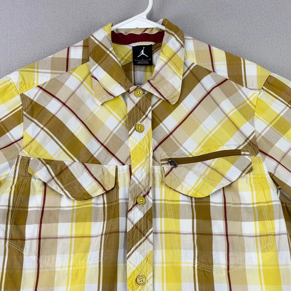 Jordan Jumpman Shirt Mens Large Yellow Plaid Short Sleeve Roll Tab Button Up Y2K